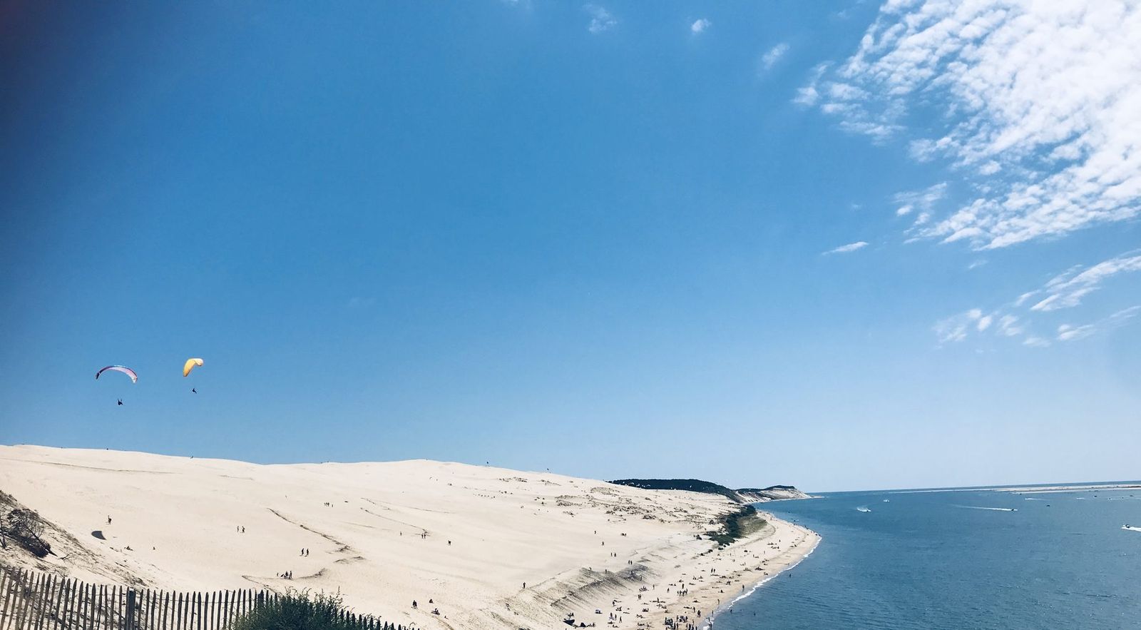La dune du Pilat et l’océan, parapentes dans le ciel, à La Teste-de-Buch